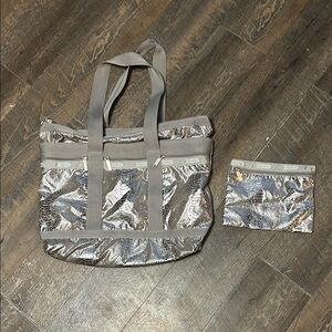 LeSportsac Classic Medium Travel Tote Handbag Cosmetic Pouch Metallic Snake Skin